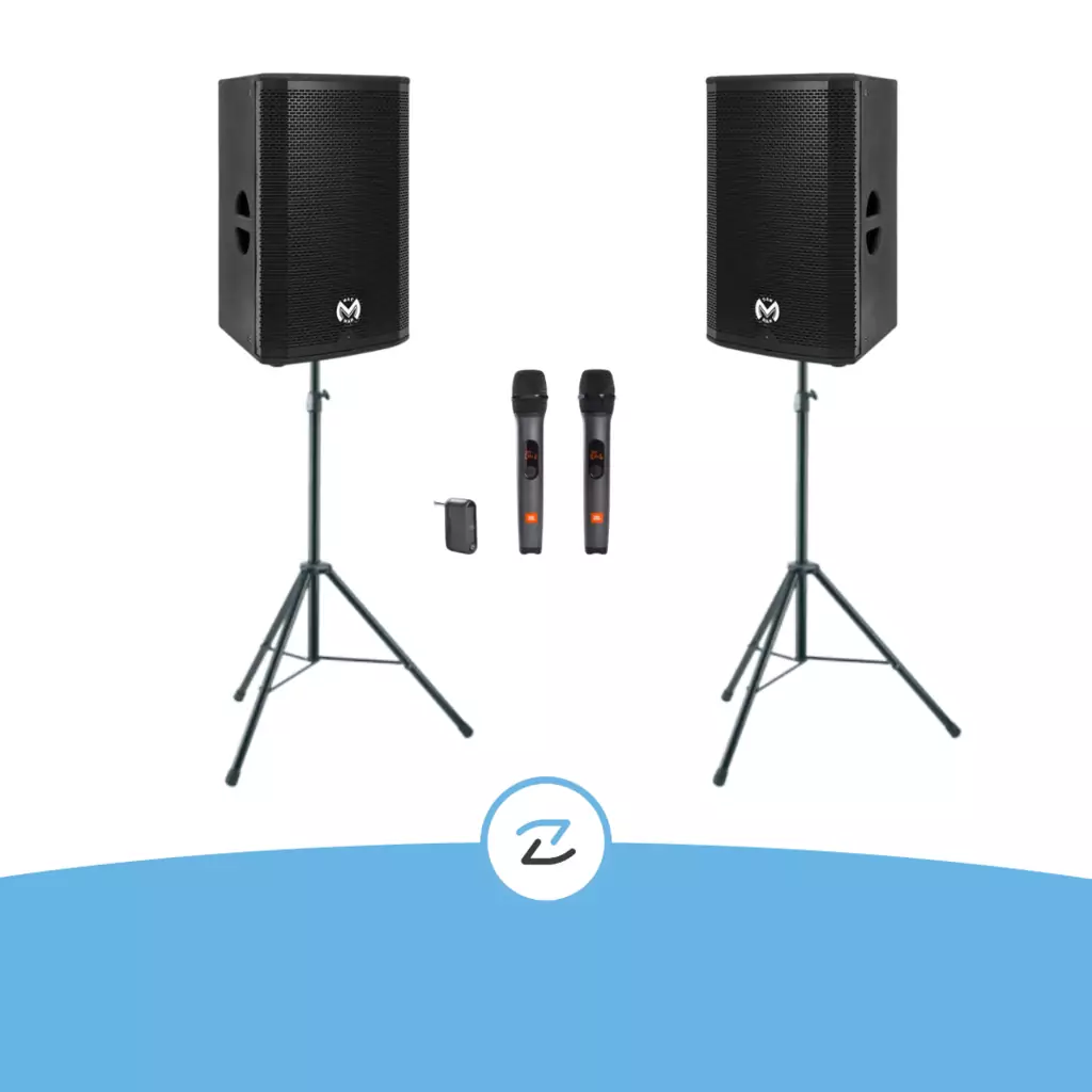 Pack 2 Enceintes sur batterie + 2 Trépieds + 2 Micros Pack 2 Enceintes sur batterie + 2 Trépieds + 2 Micros